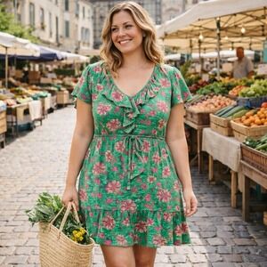 Fat Face Floral Boho Dress Green Pink Ruffle Cottagecore Summer Dress US 14R